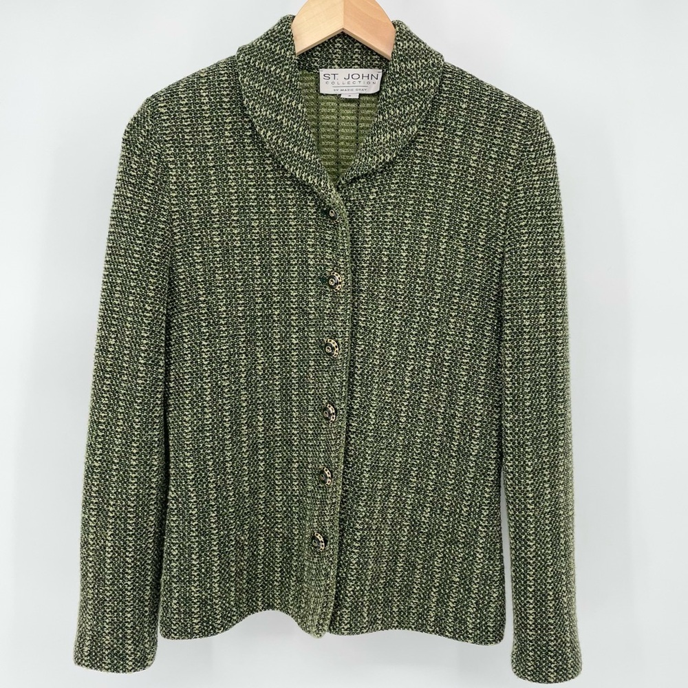 St. John Collection Green Knit Tweed Blazer with Green and Gold Buttons Size 2